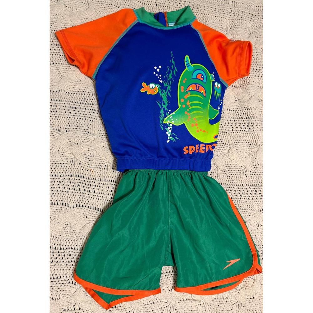 Speedo Toddler Boys Sea Monster Rash Guard Swim Trunks Set S 1-2Y Blue Green